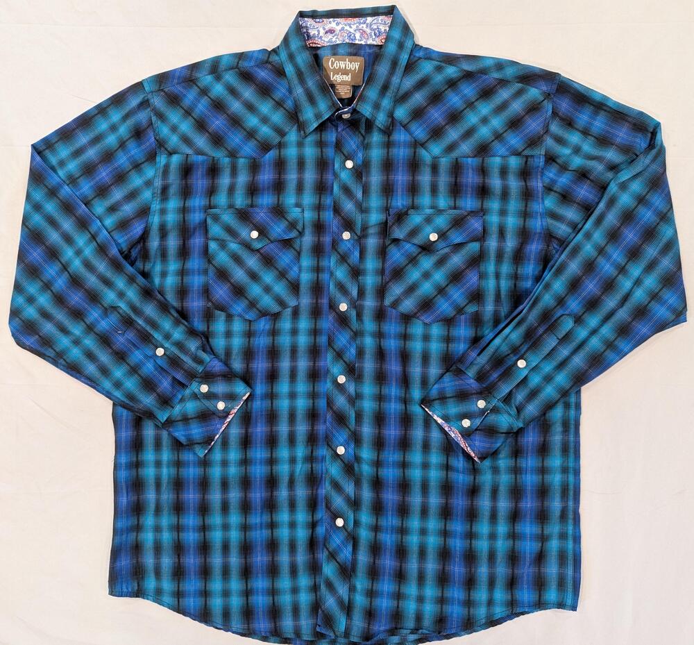 Cowboy Legend Shirt Mens 2XL Blue Plaid Long Sleeve Western Pearl Snap Pockets